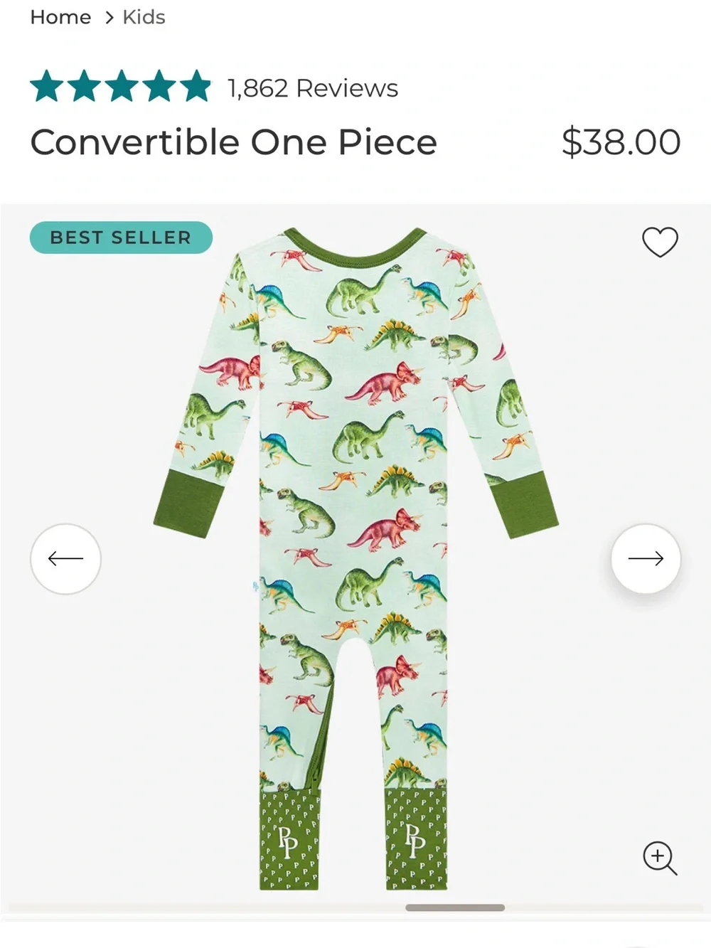 Posh Peanut Green Dinosaur Print Convertible One Piece Pajamas